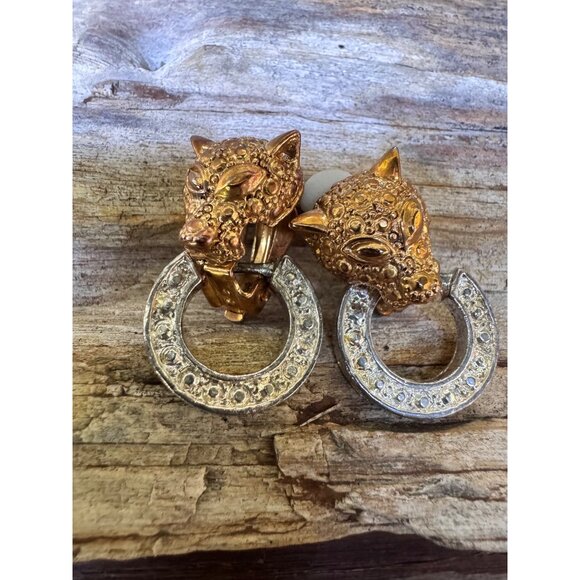 Gold-Tone Leopard Clip-On Earrings With Rhinestone-Studded Circular Hoops - Picture 1 of 6